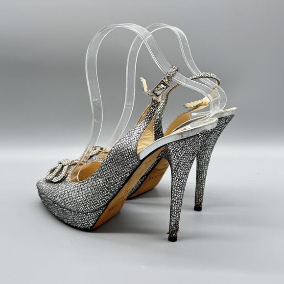 Jimmy Choo Shoes Womens 9.5 Silver Peep Toe Slingback Glitter Crystal Bow Heels - Picture 6 of 13